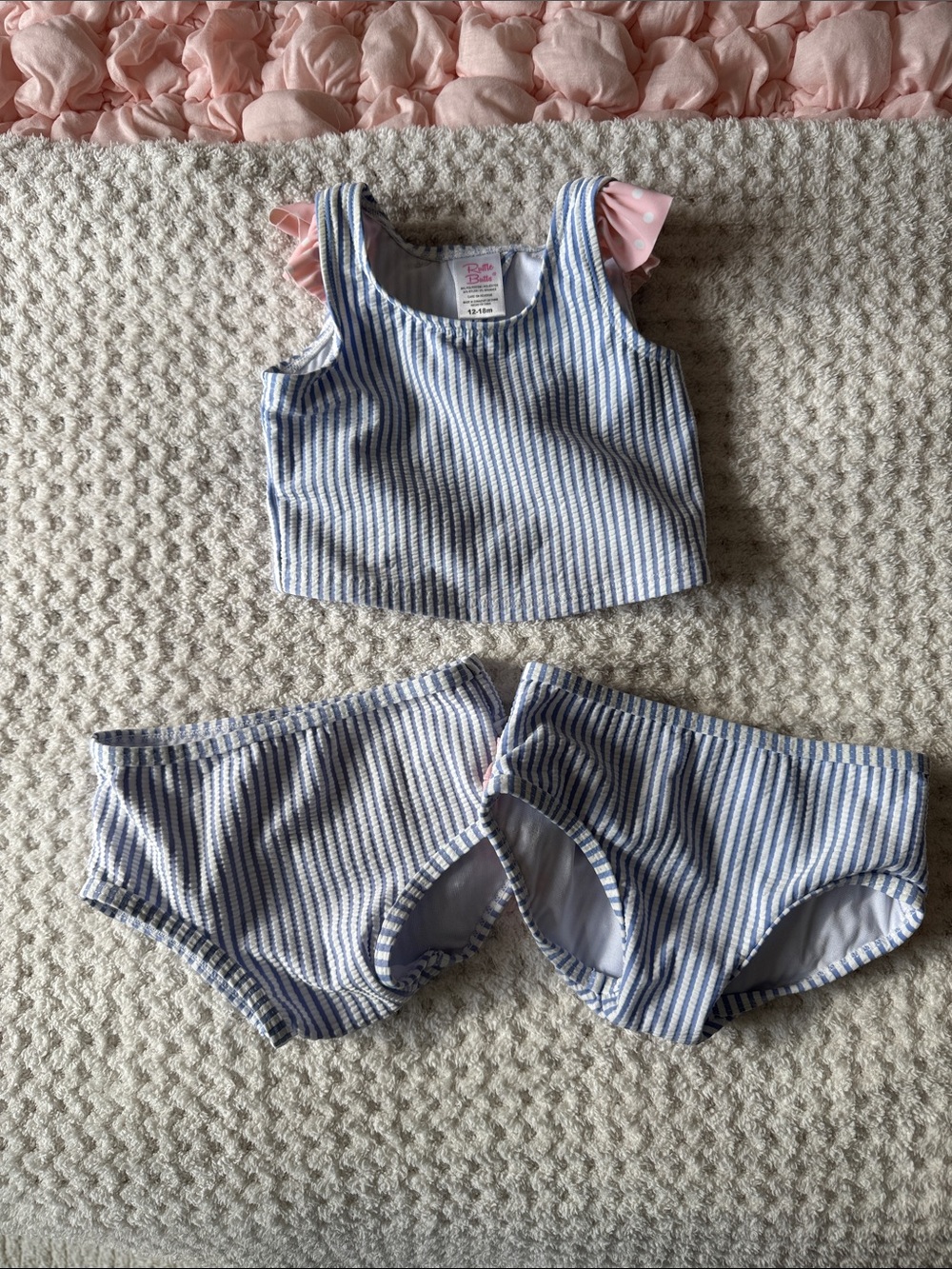 Girls Blue White Striped Swim Top and Bottoms Set